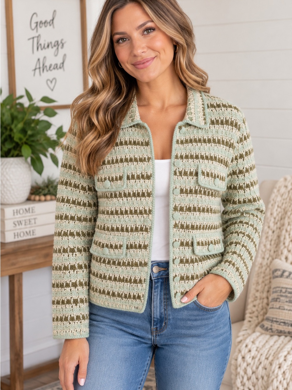 Hand Knit Cardigan Sweater Womens Size M Button Front Textured Retro Style Coat